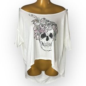 Kendall + Kylie Skull Floral Graphic Tee Oversized White M Boat Neck NWT